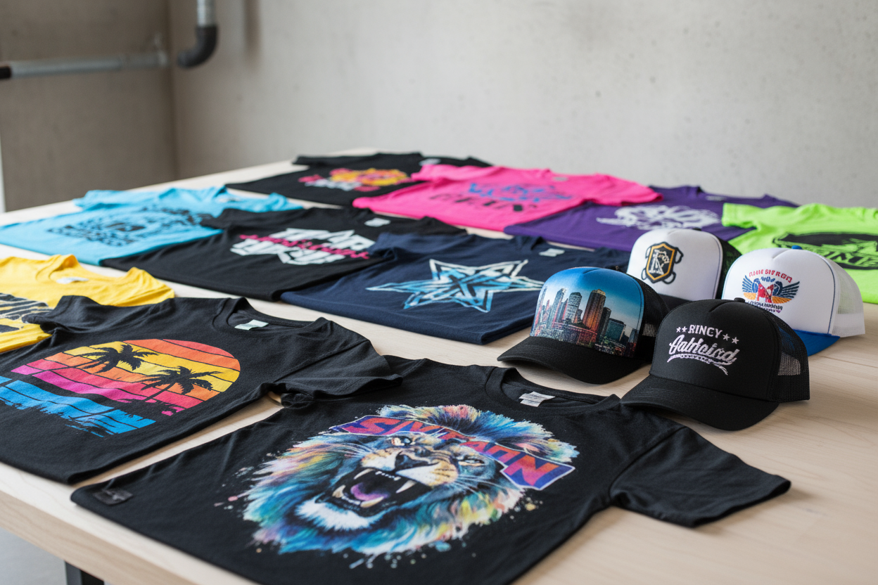 custom printed shirts, hats